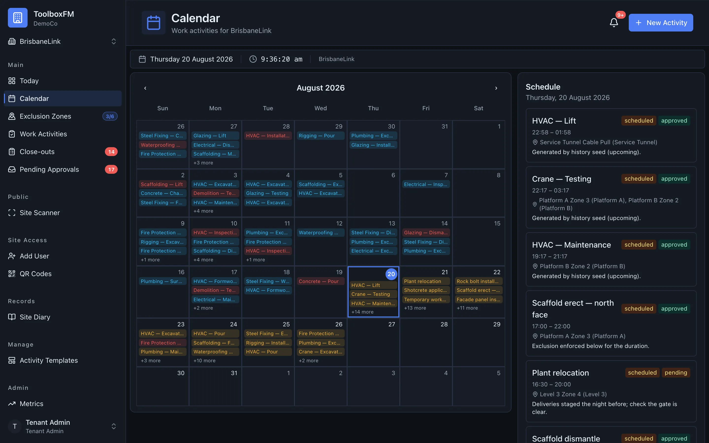 The calendar in ToolboxFM, showing approved work activities laid out across the days they run