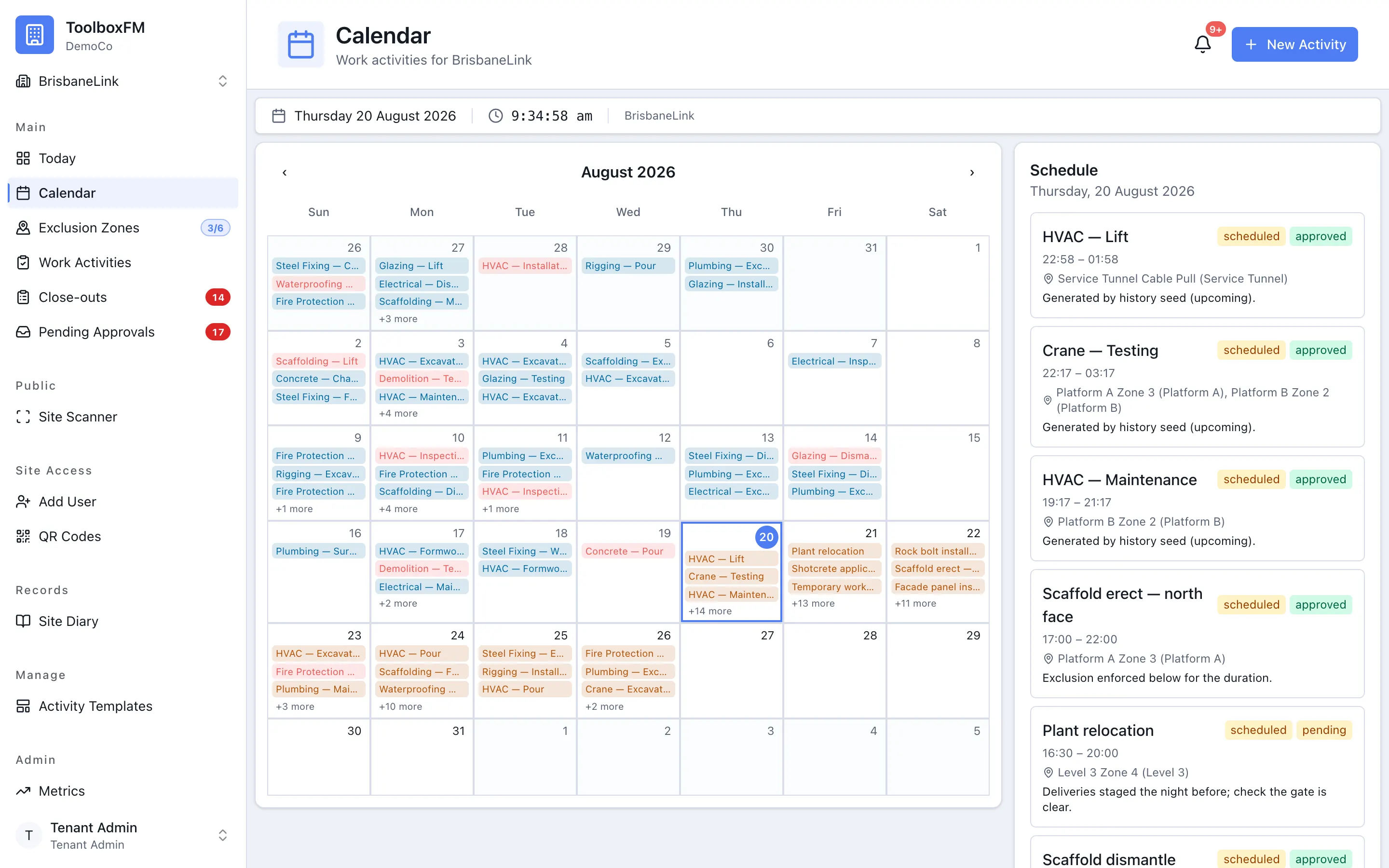 The calendar in ToolboxFM, showing approved work activities laid out across the days they run