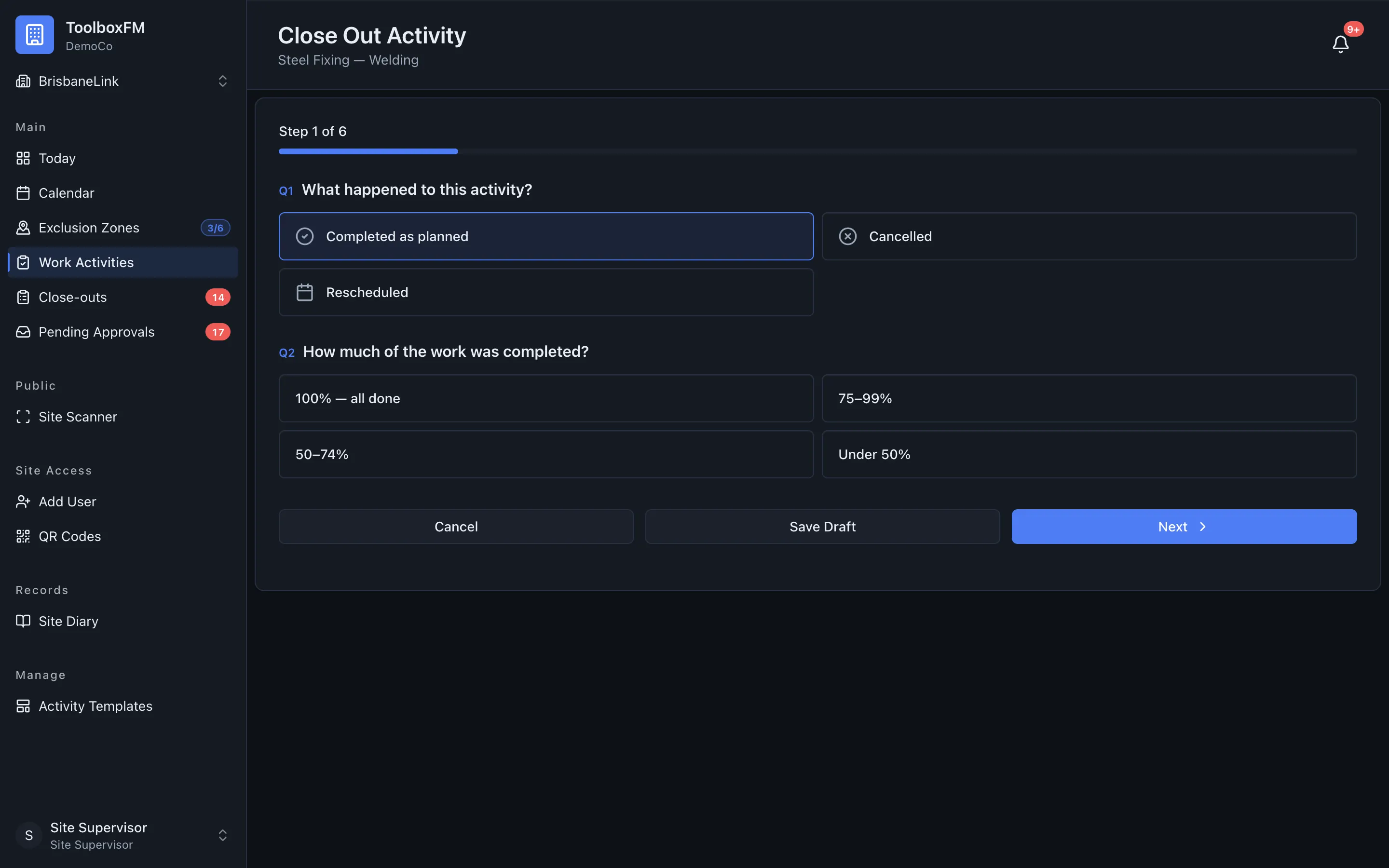 The close-out questions in ToolboxFM, asking what happened during the work activity