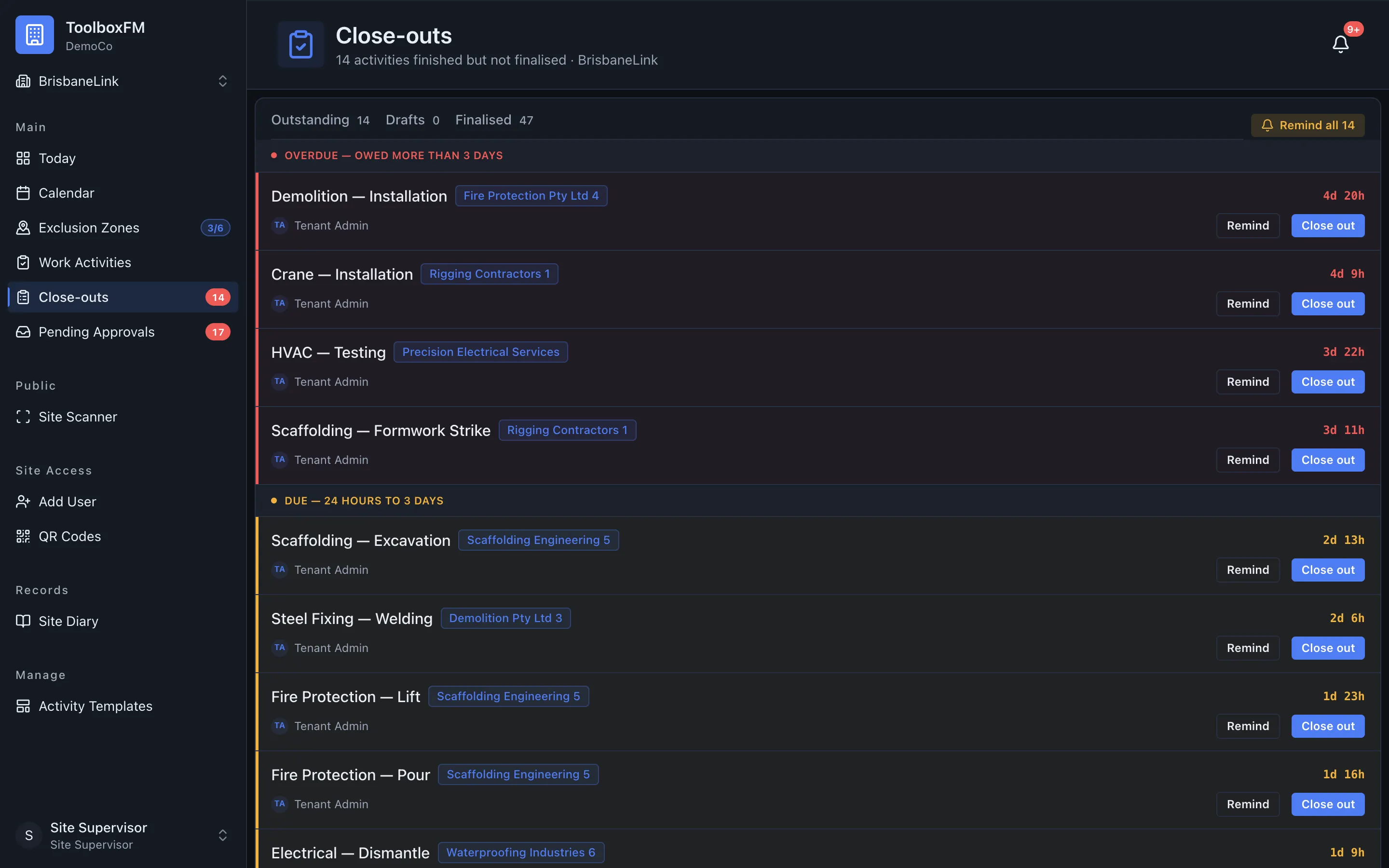 The close-outs list in ToolboxFM, showing finished work activities waiting for their close-out questions to be answered