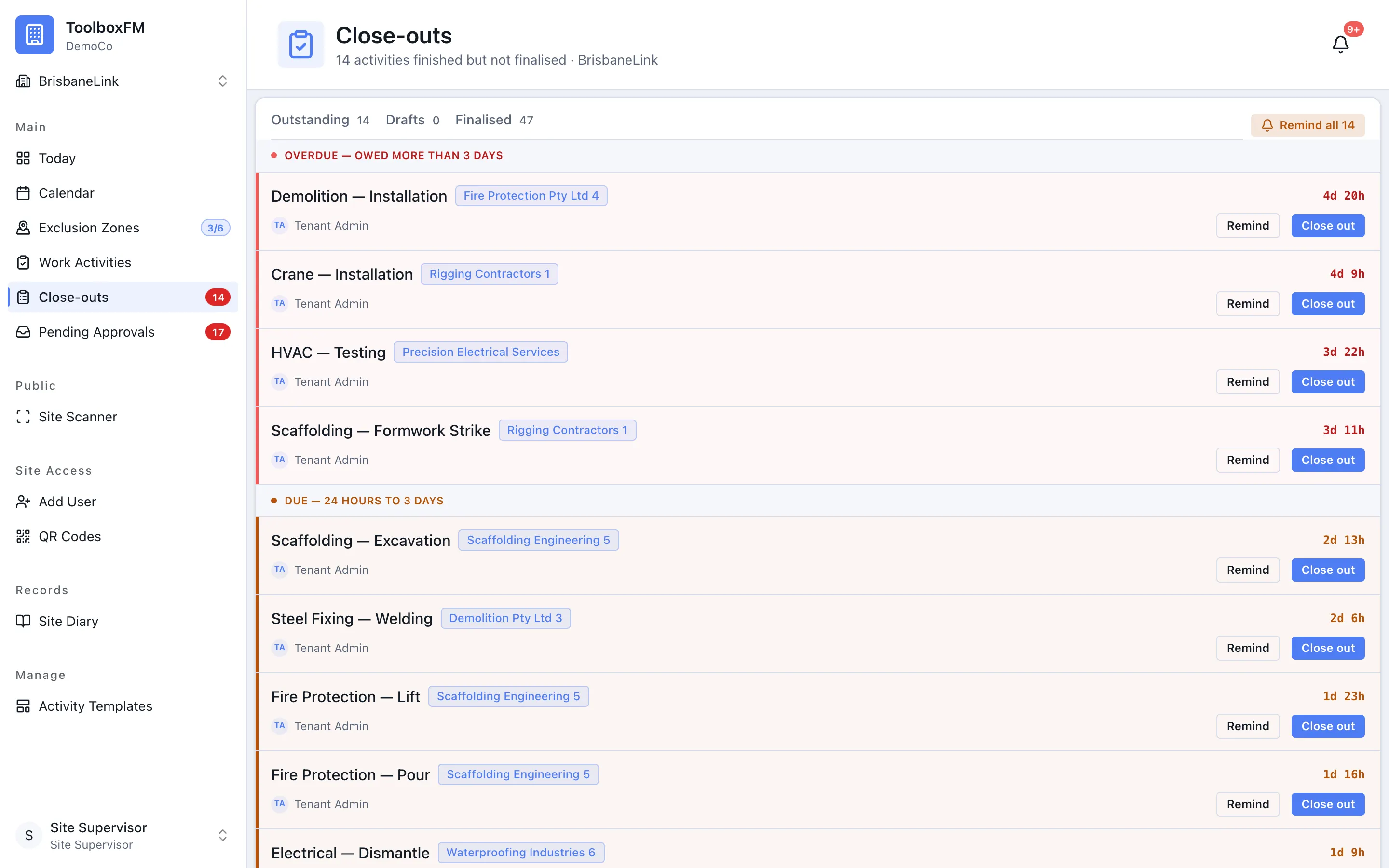 The close-outs list in ToolboxFM, showing finished work activities waiting for their close-out questions to be answered