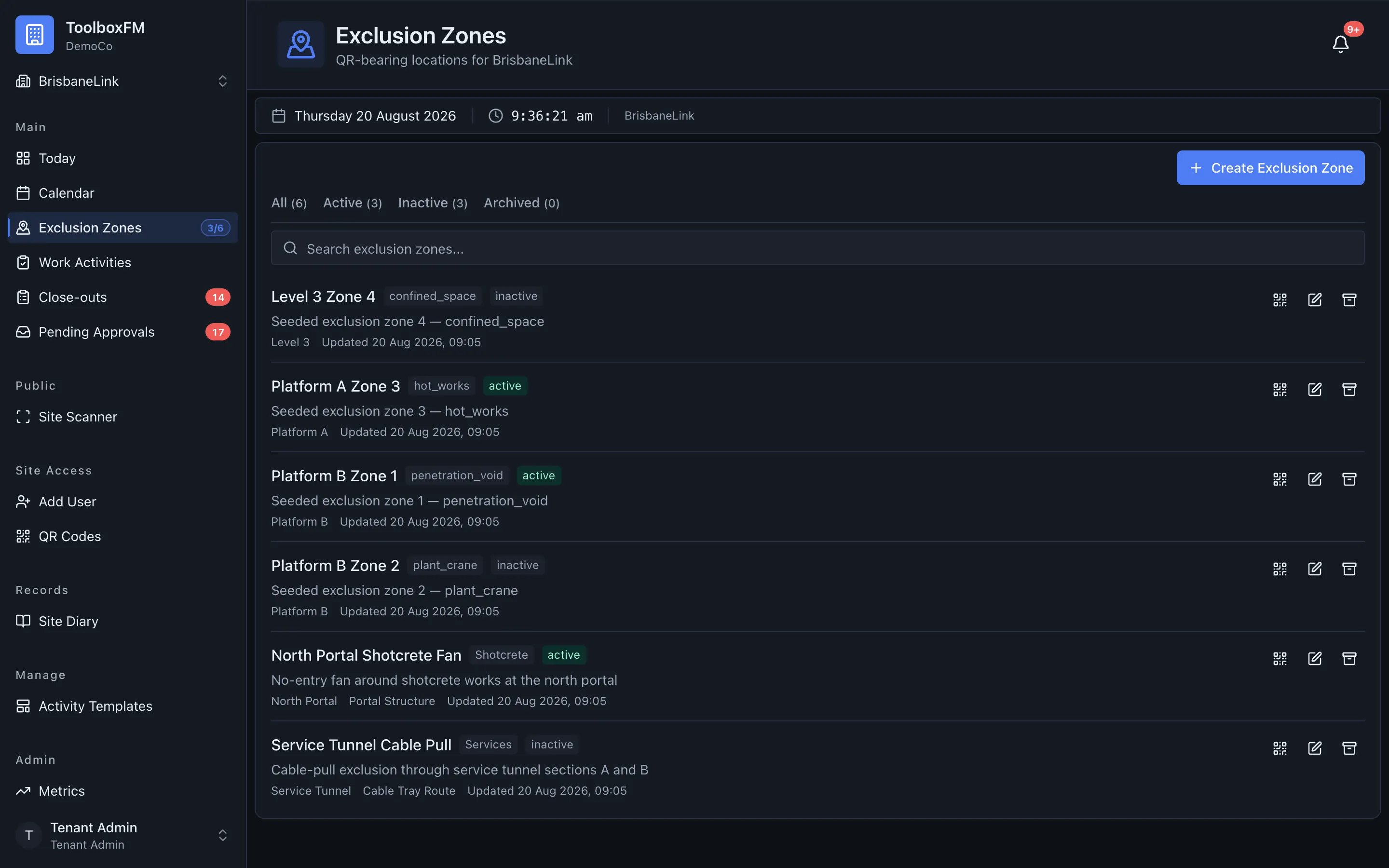 The exclusion zones list in ToolboxFM, showing zone status and which project each belongs to