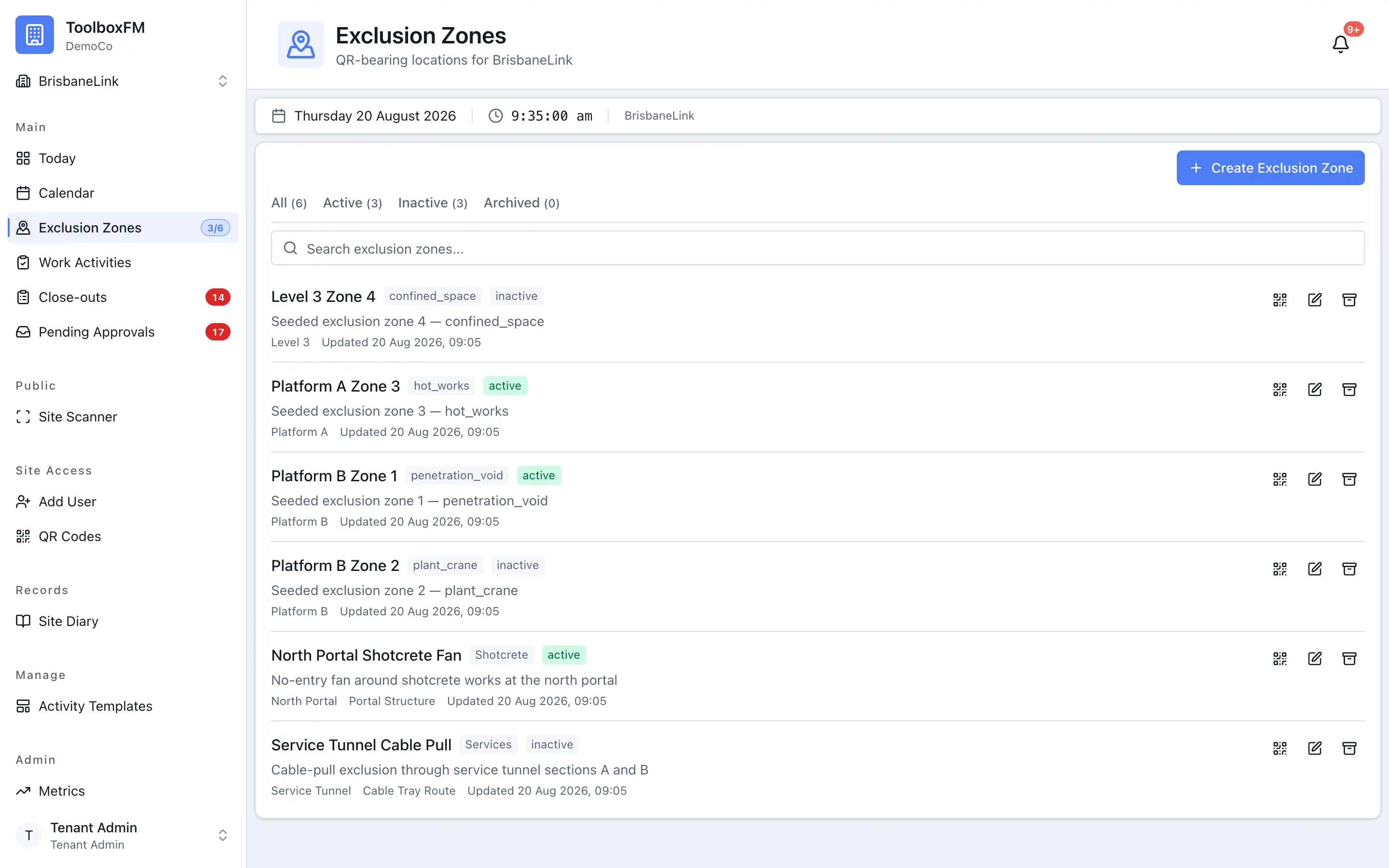 The exclusion zones list in ToolboxFM, showing zone status and which project each belongs to