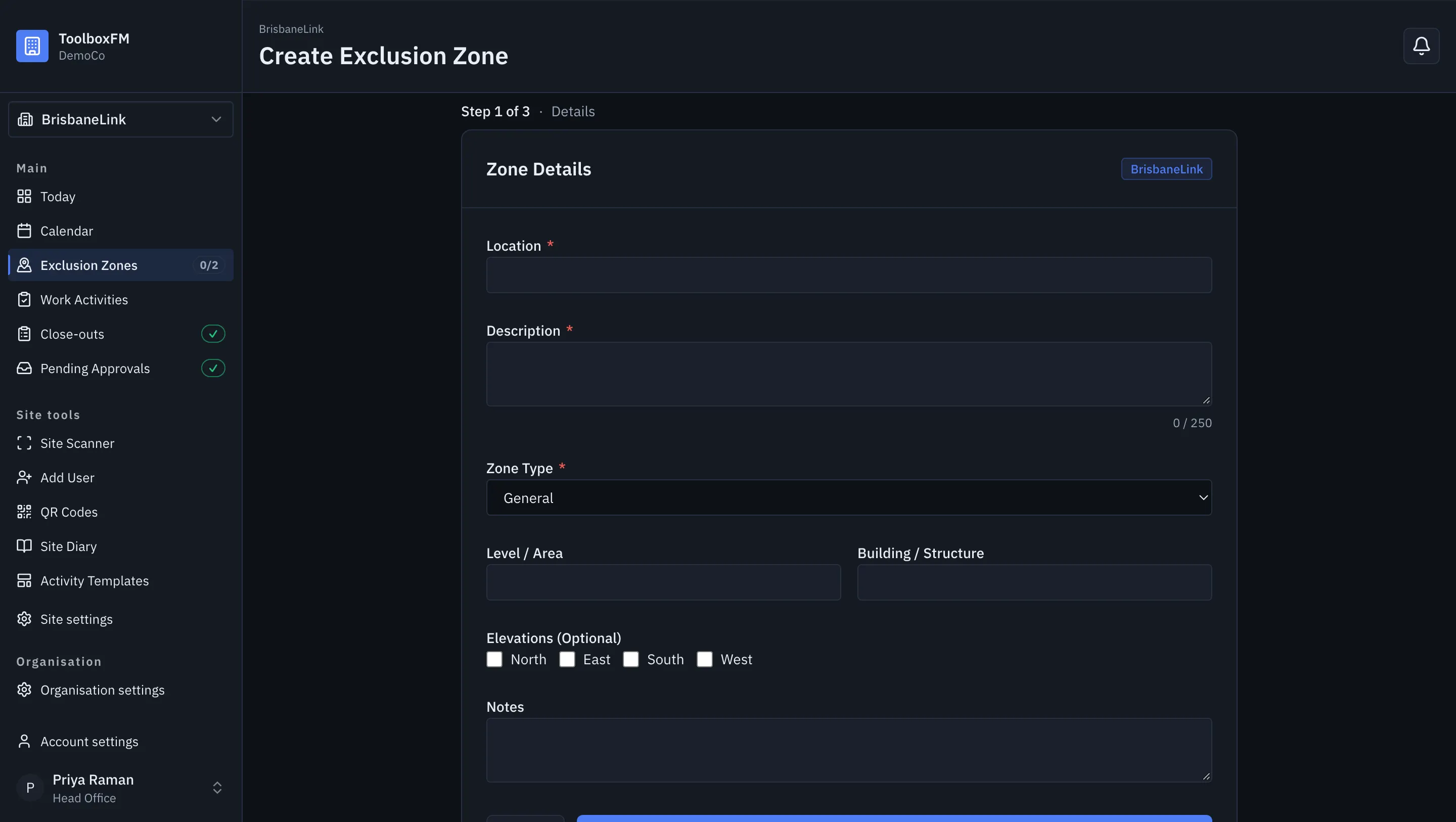 The New Exclusion Zone form in ToolboxFM, with fields for the zone name, project and whether it is exclusive