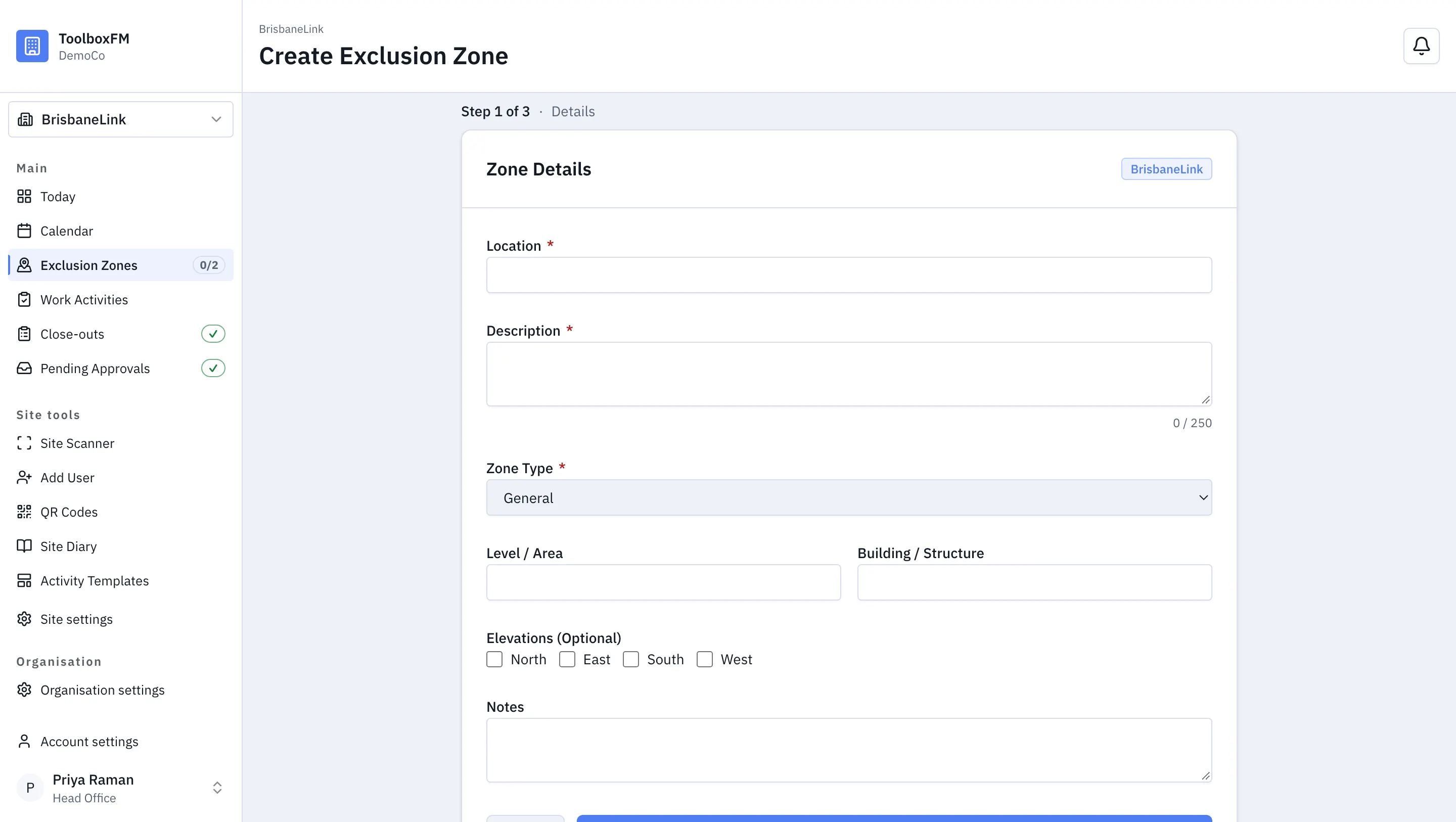 The New Exclusion Zone form in ToolboxFM, with fields for the zone name, project and whether it is exclusive