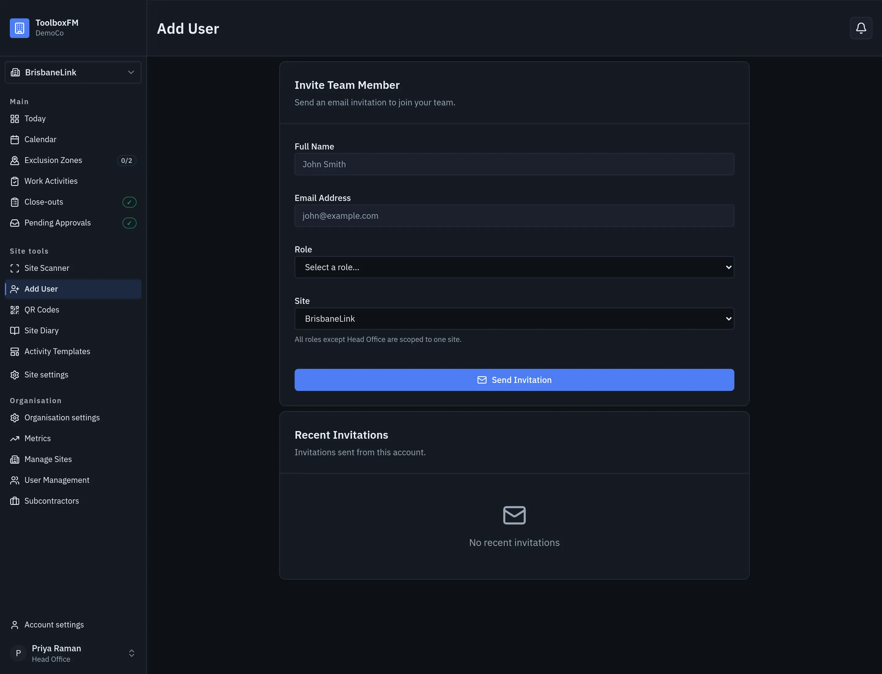 The Add User form in ToolboxFM, with fields for name, email, project, role and subcontractor