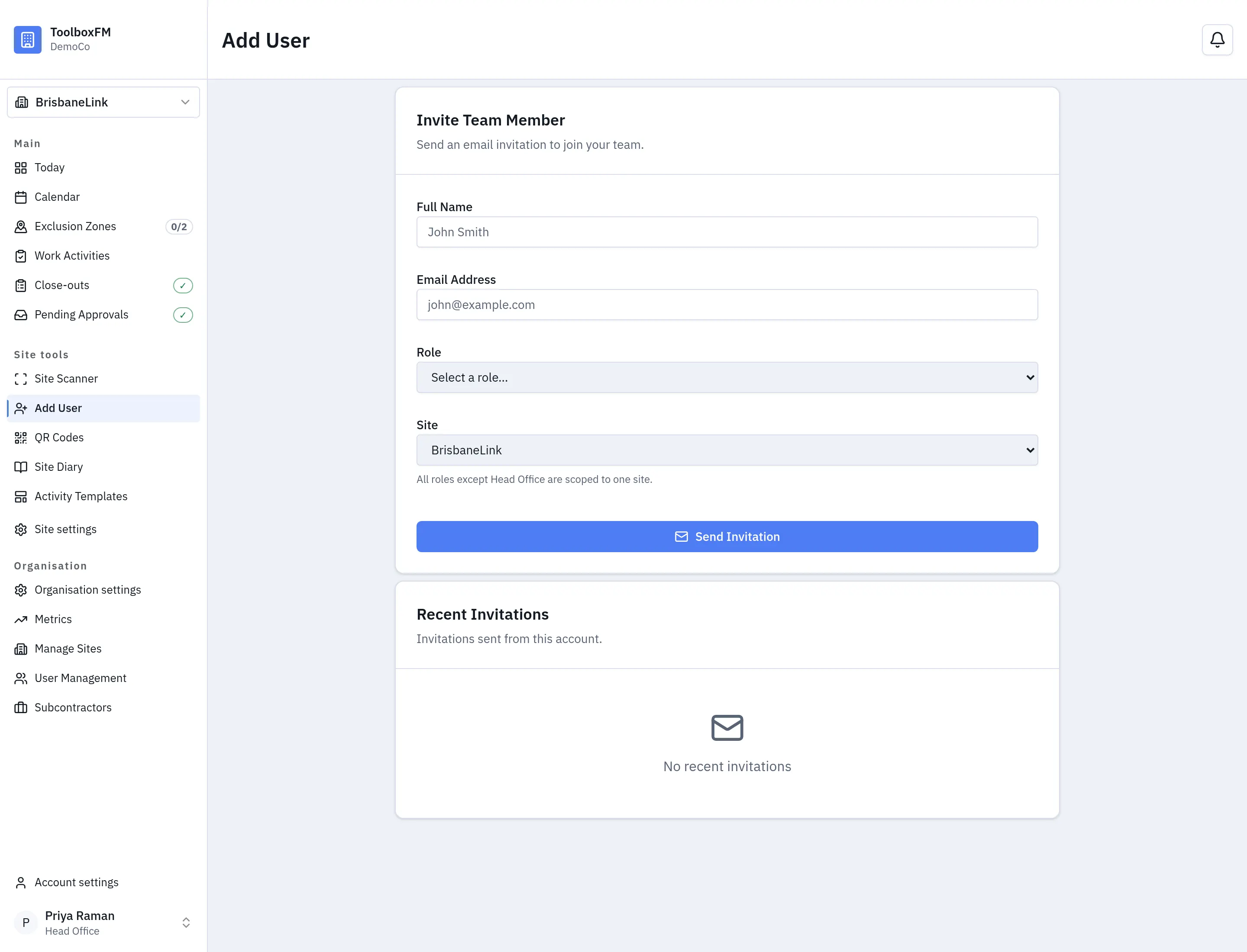 The Add User form in ToolboxFM, with fields for name, email, project, role and subcontractor