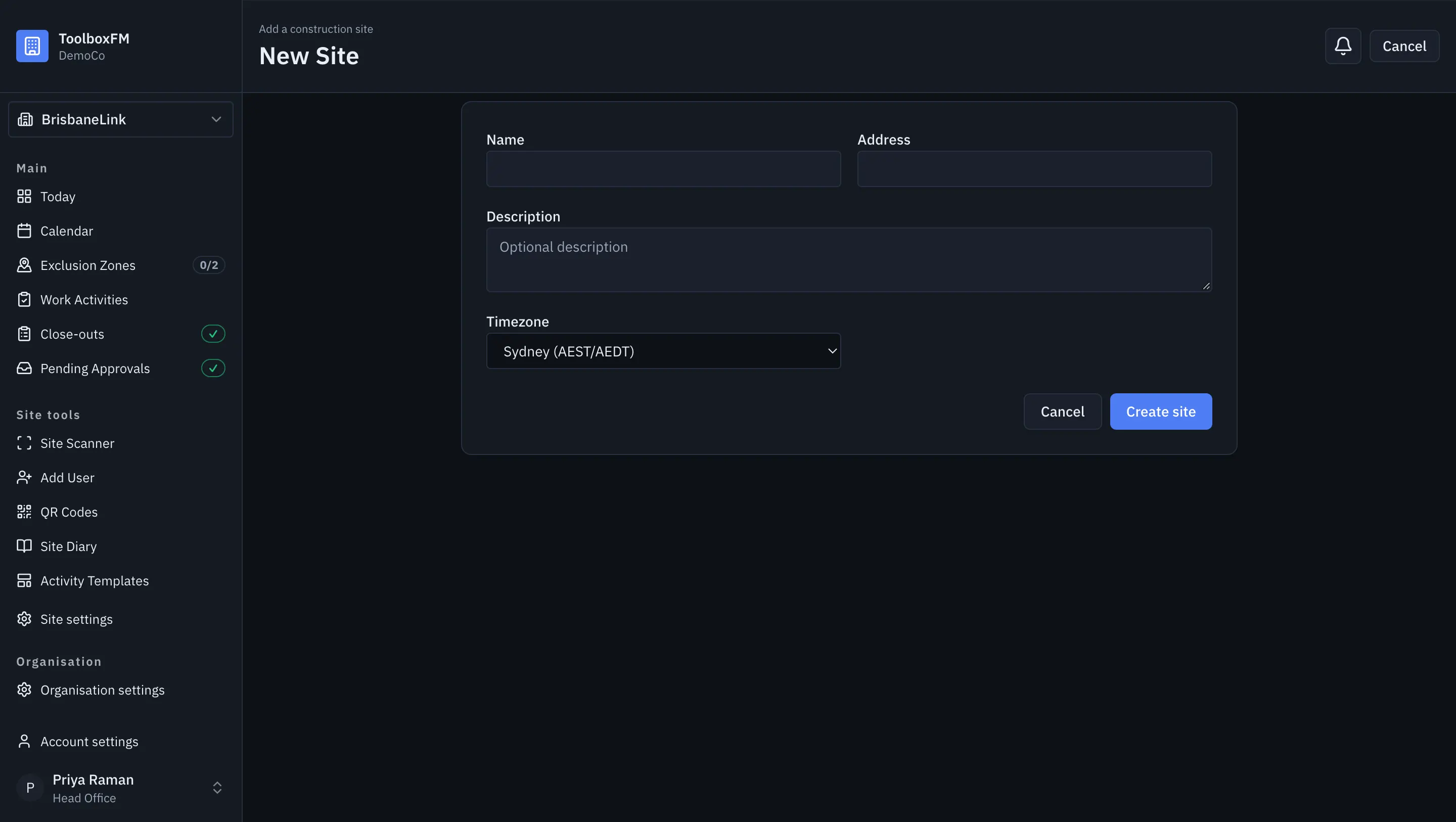 The New Project form in ToolboxFM, with fields for name, address, description and timezone