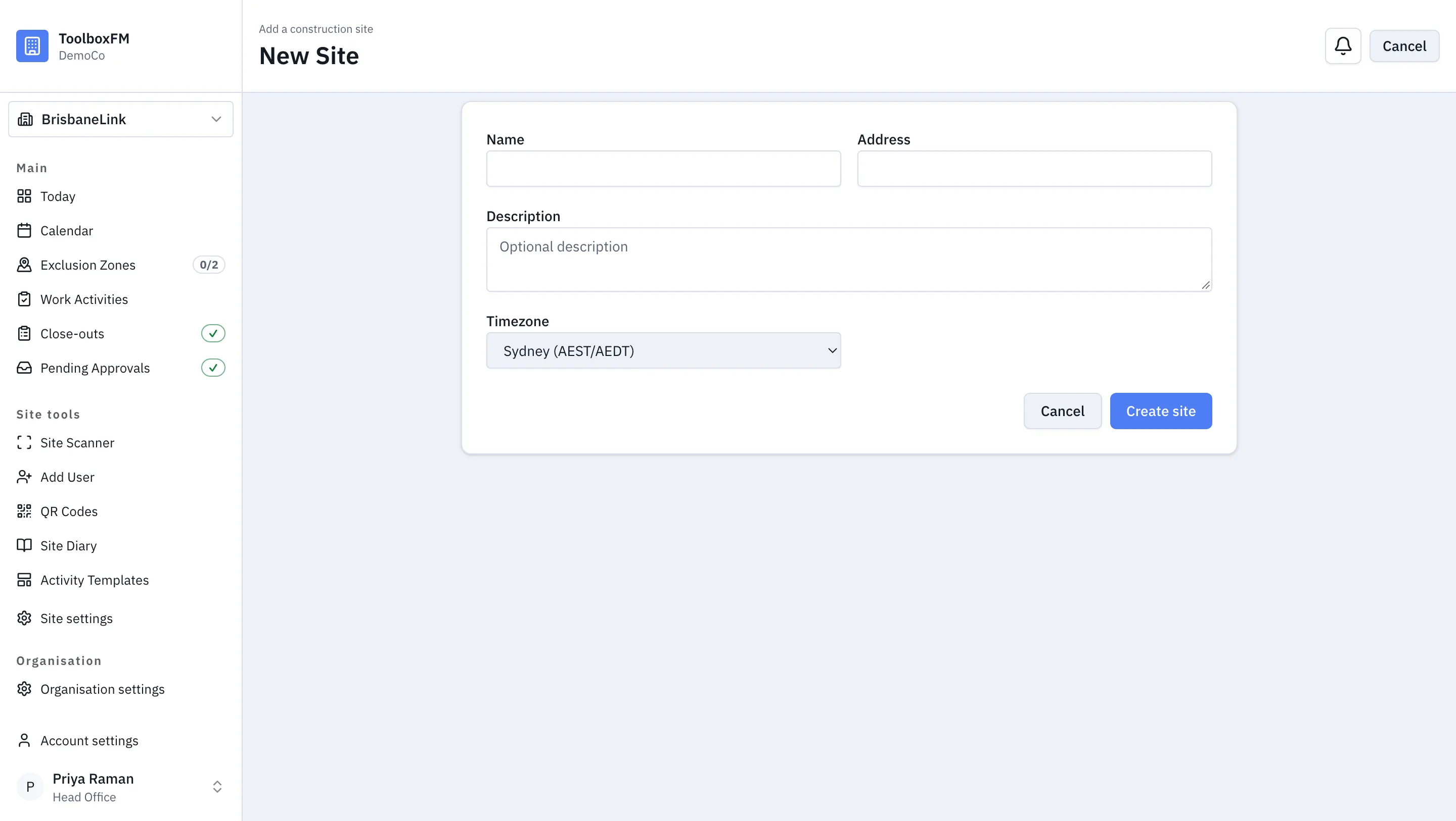 The New Project form in ToolboxFM, with fields for name, address, description and timezone