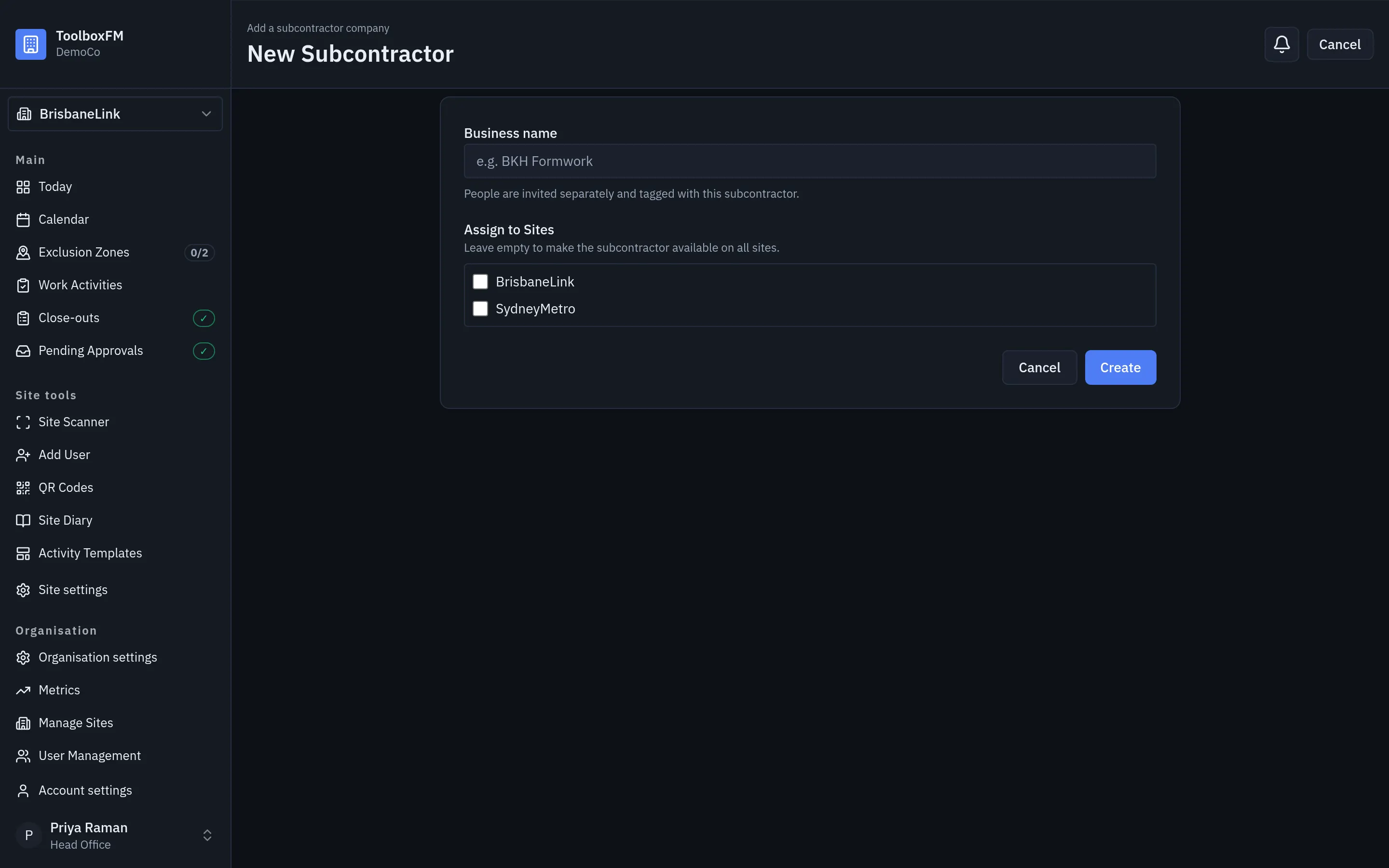 The New Subcontractor form in ToolboxFM, with a business name field and project assignments