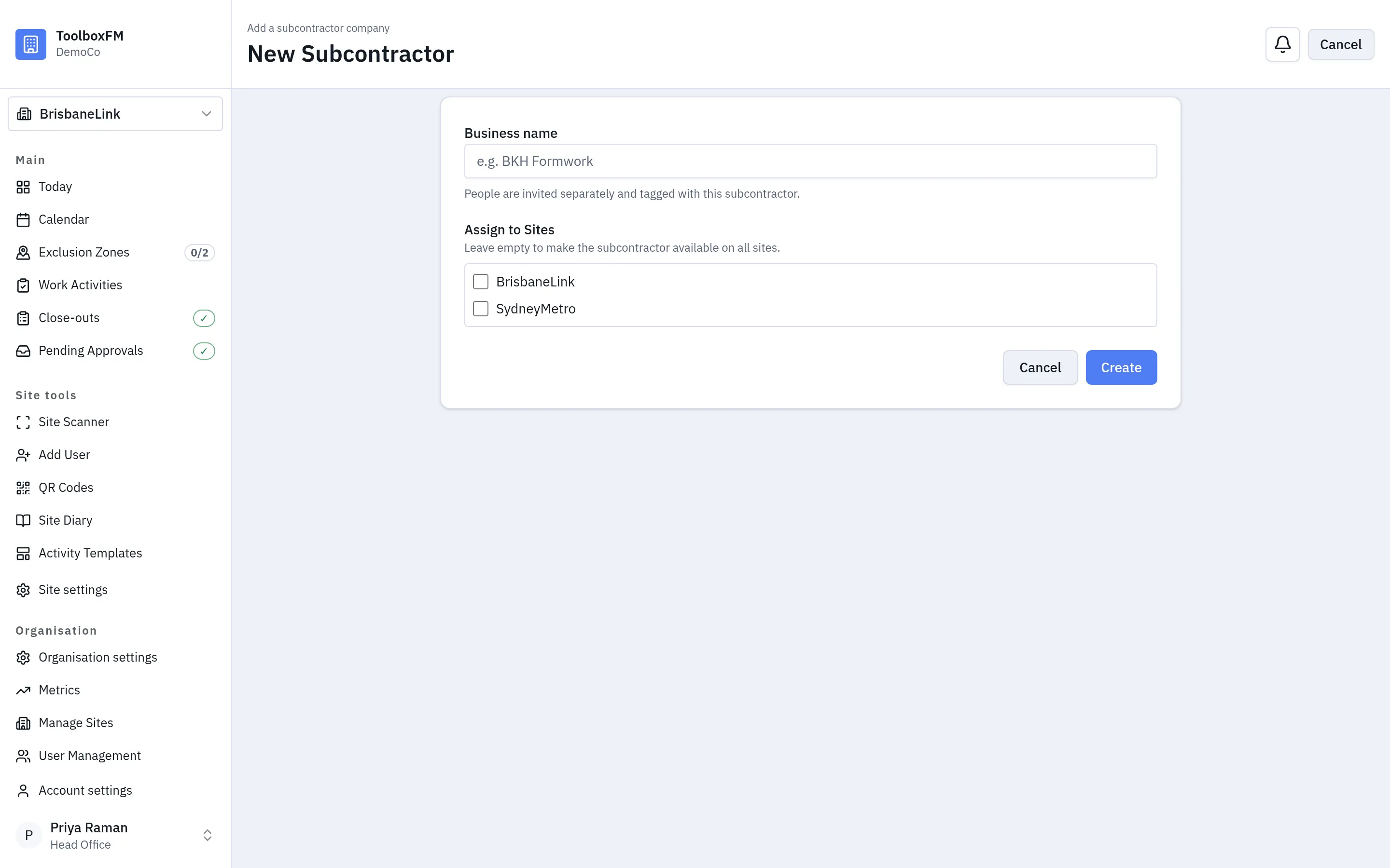 The New Subcontractor form in ToolboxFM, with a business name field and project assignments