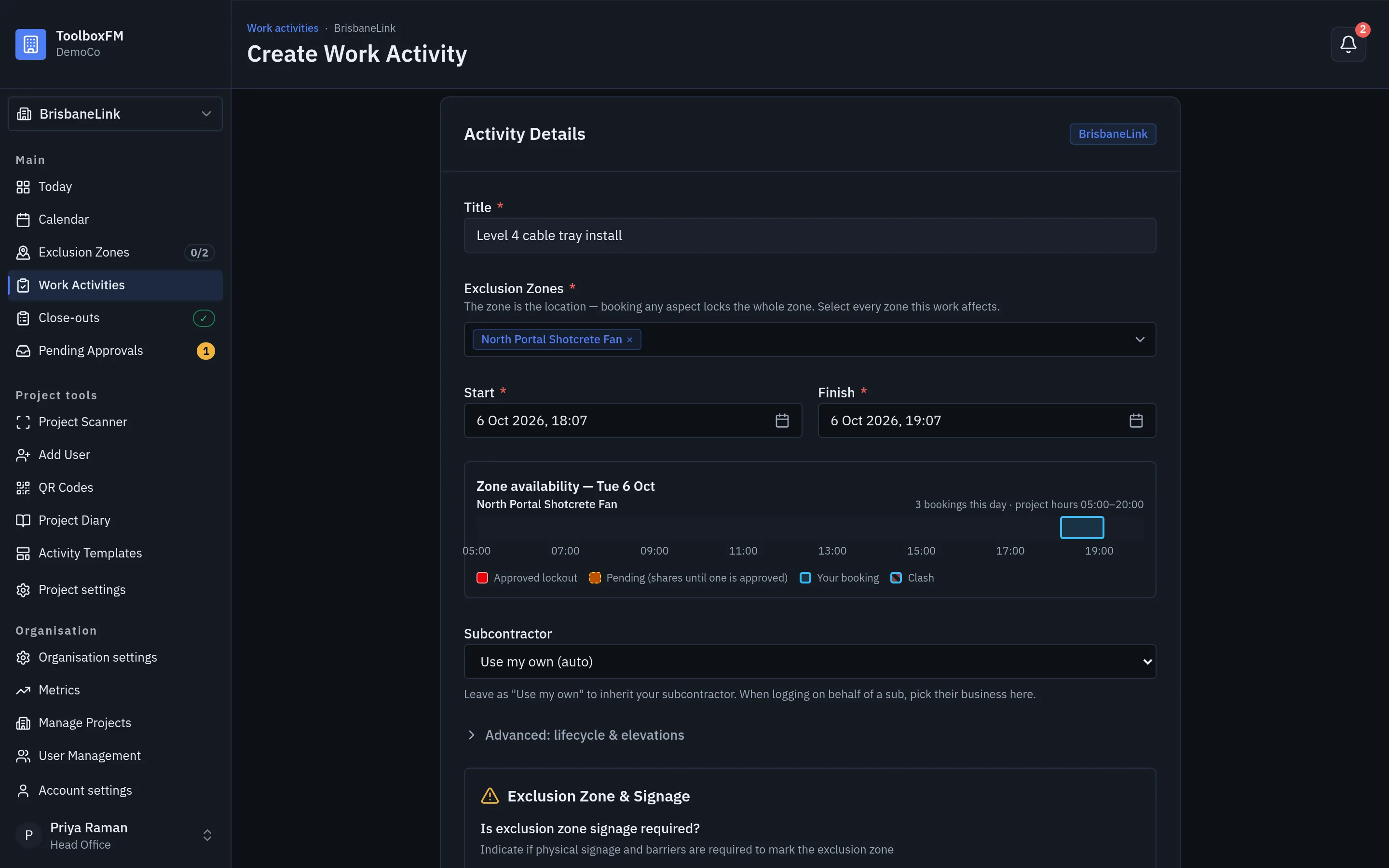 The Create Work Activity form in ToolboxFM, with a title, an exclusion zone selected and the zone availability check for the chosen window