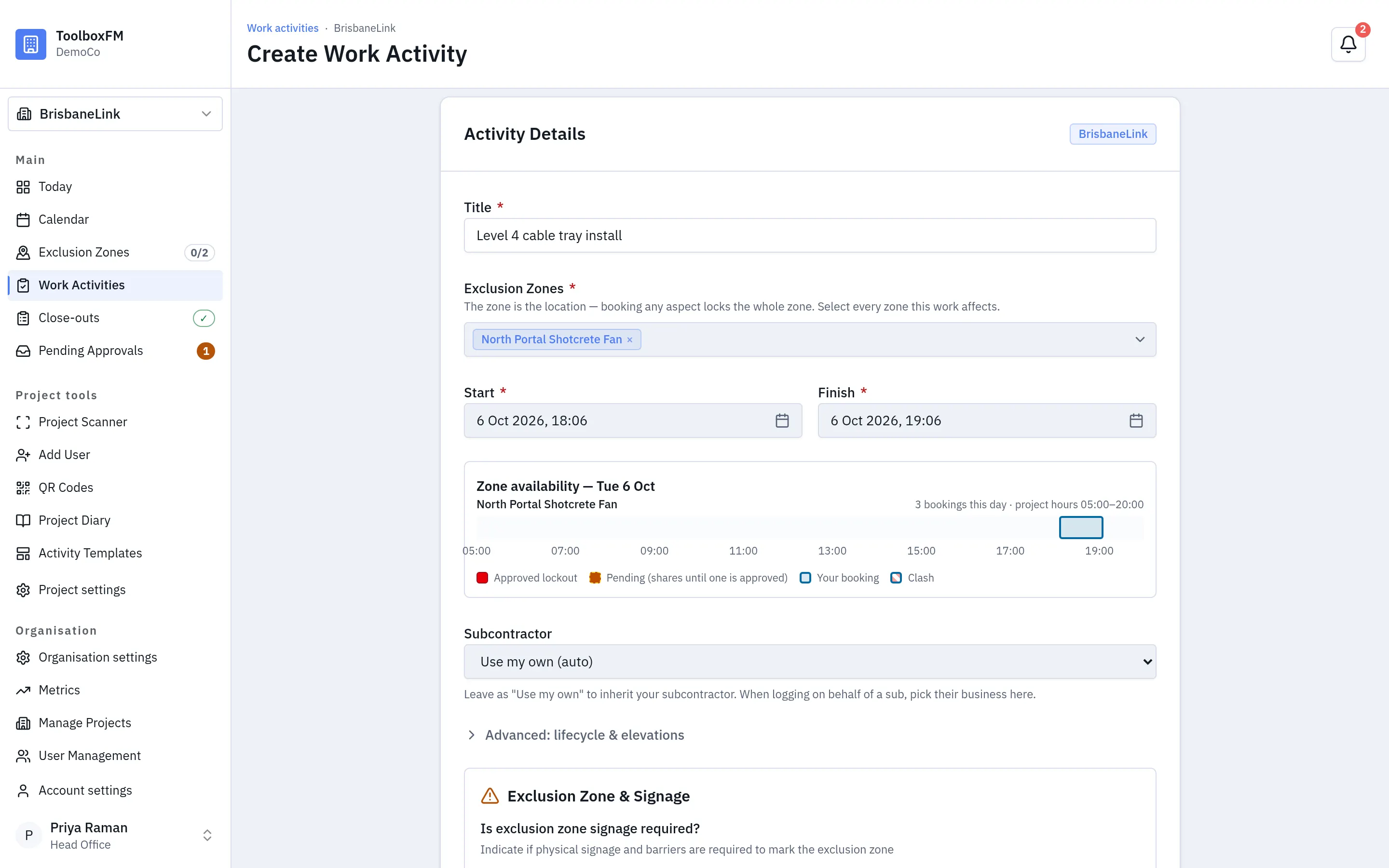 The Create Work Activity form in ToolboxFM, with a title, an exclusion zone selected and the zone availability check for the chosen window