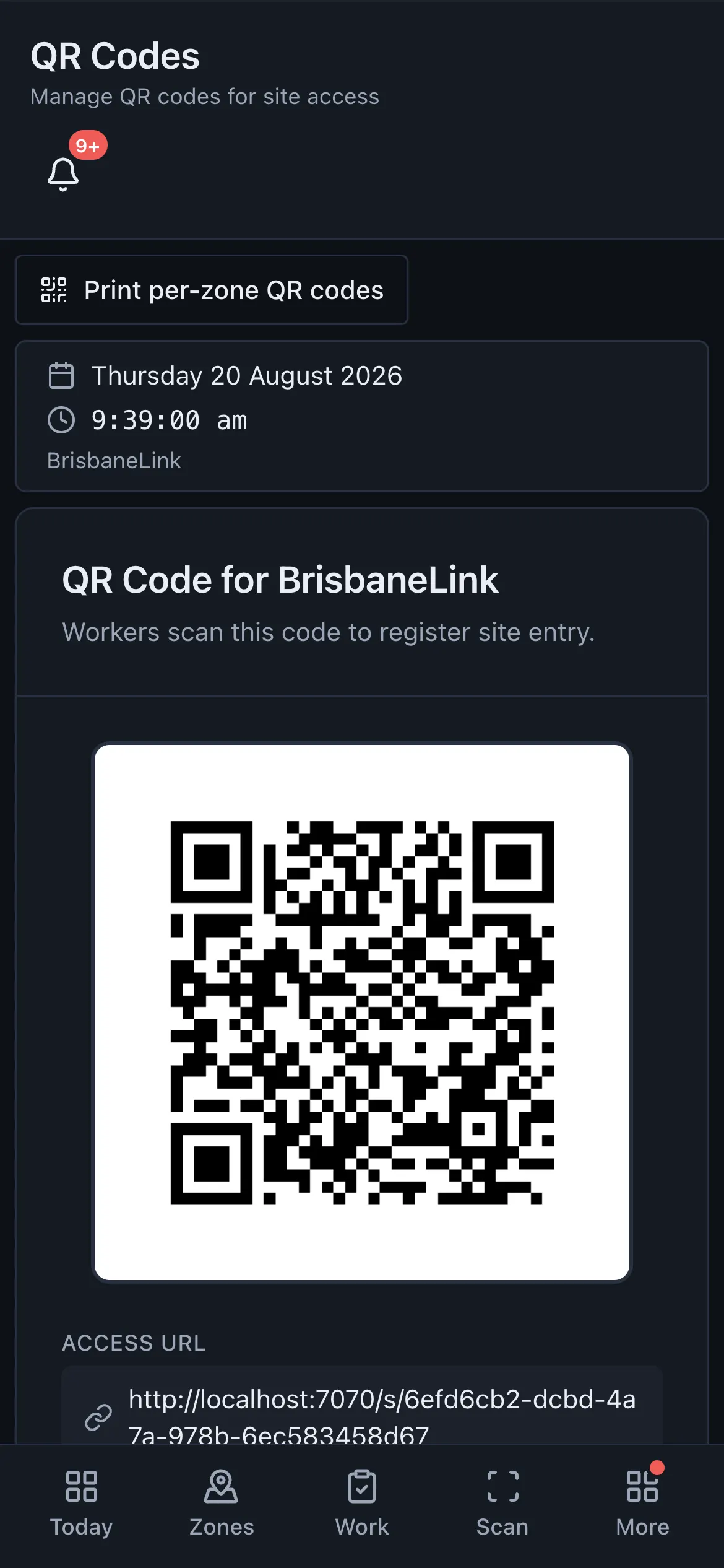 The QR codes screen in ToolboxFM, showing the printable codes for a project