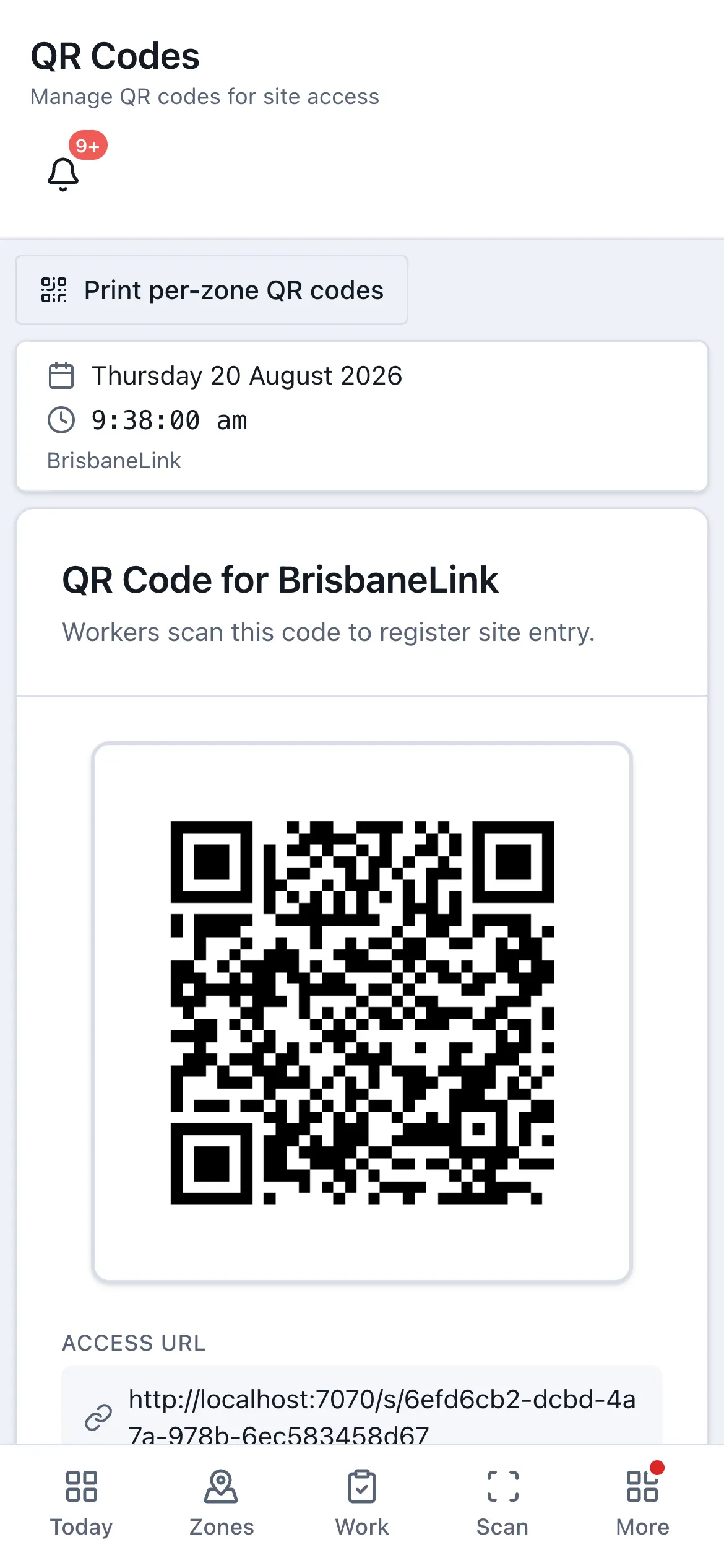The QR codes screen in ToolboxFM, showing the printable codes for a project