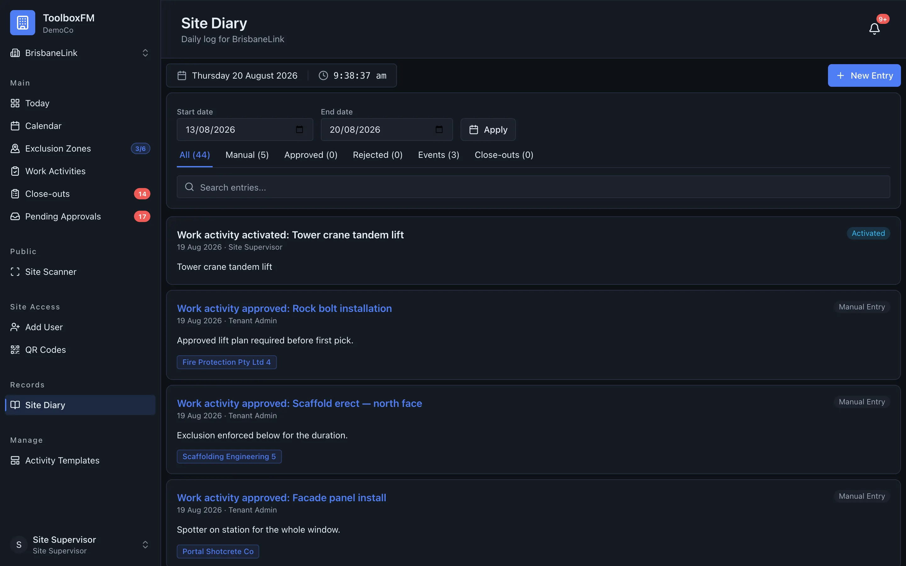 A project diary entry in ToolboxFM, showing the date, the author and the comments on the entry