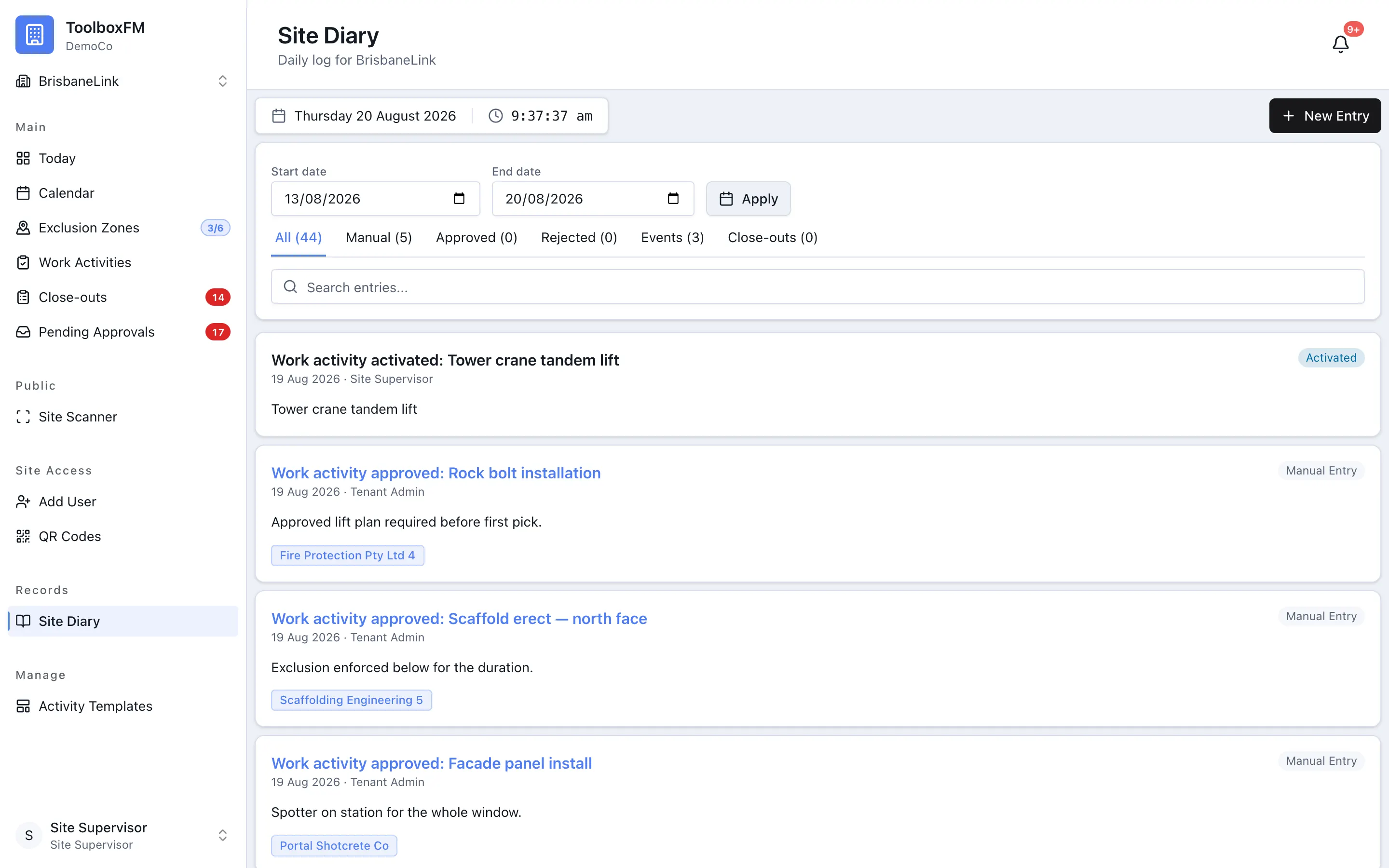 A project diary entry in ToolboxFM, showing the date, the author and the comments on the entry
