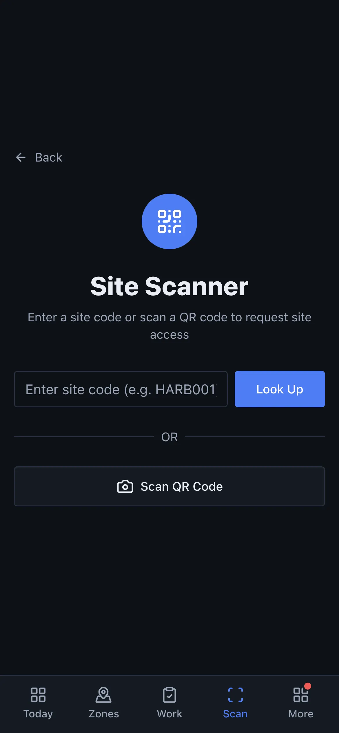 The project scanner in ToolboxFM, used on a phone to scan a zone code