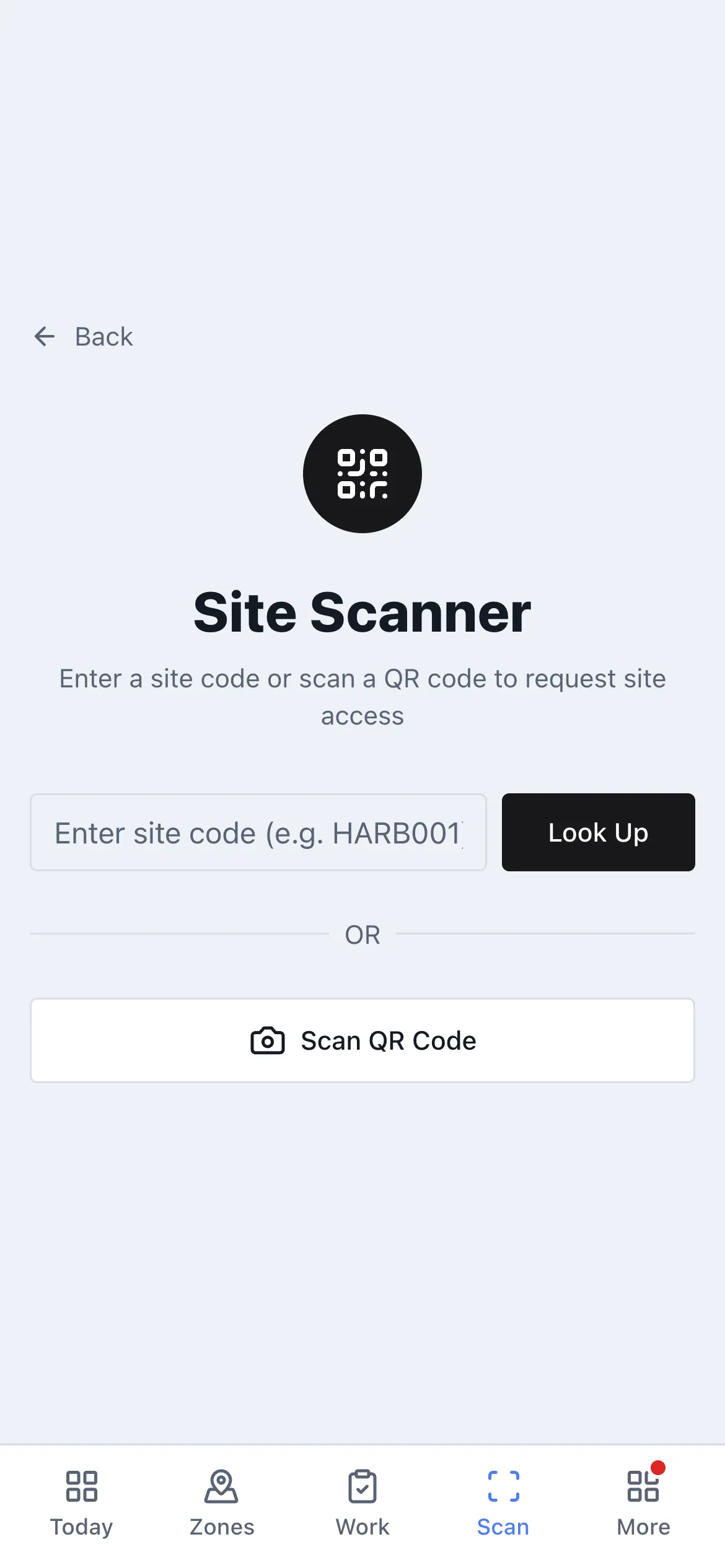 The project scanner in ToolboxFM, used on a phone to scan a zone code