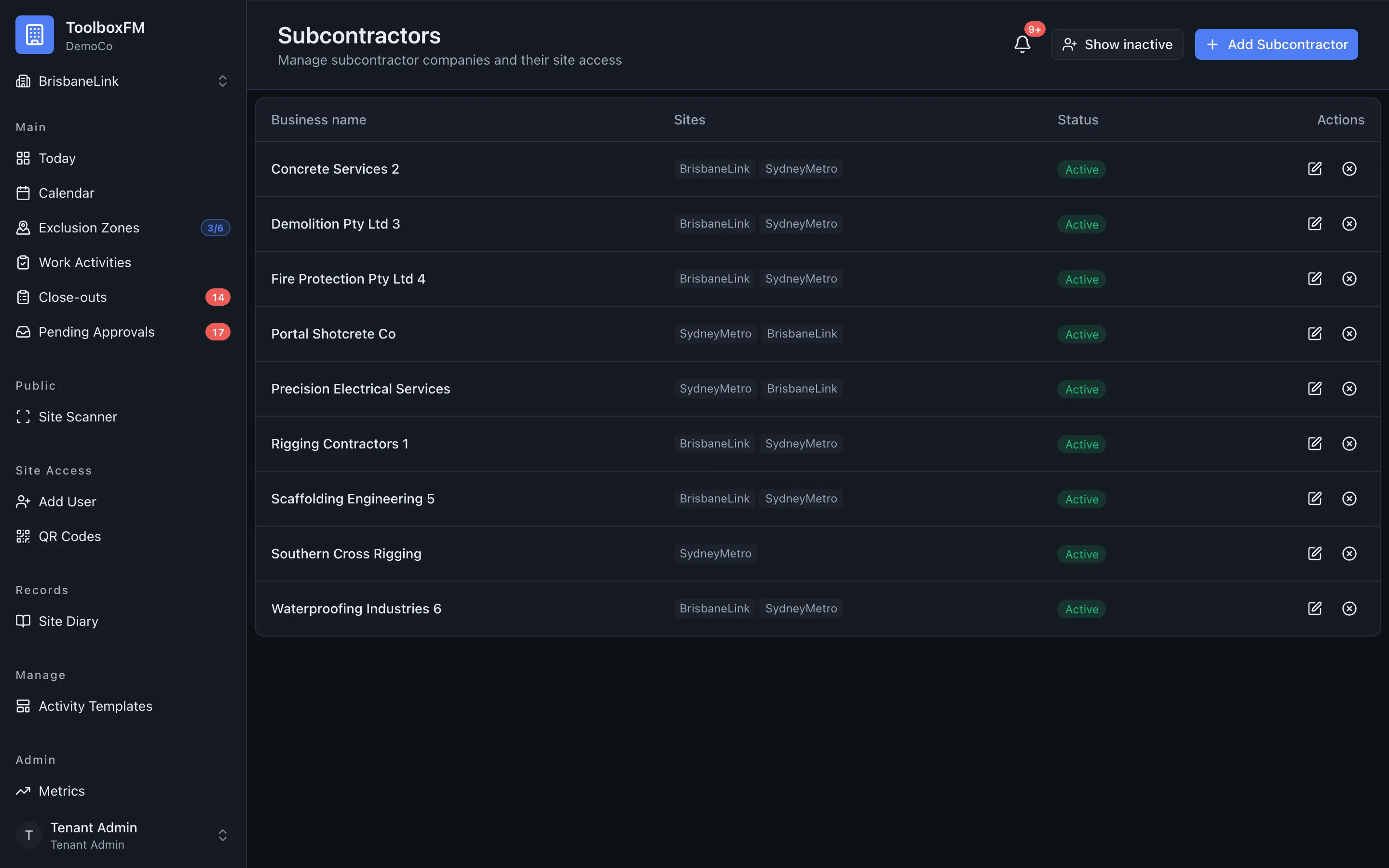 The subcontractors list in ToolboxFM, showing the companies registered on the project