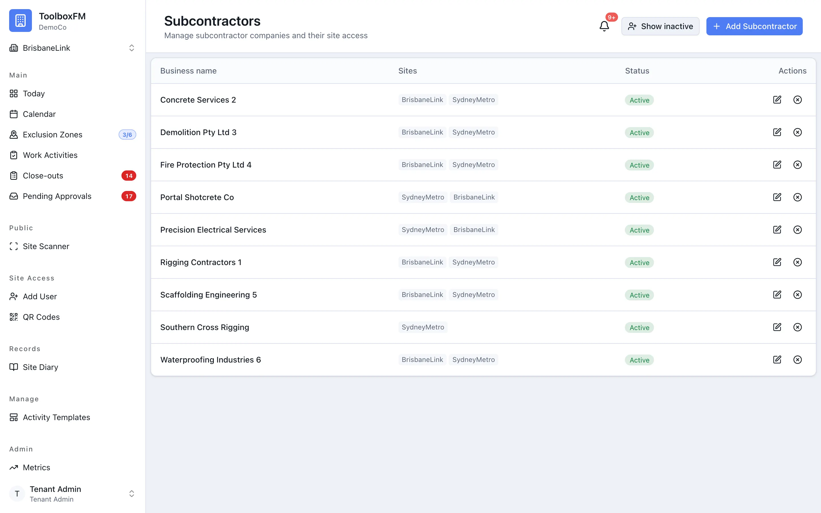 The subcontractors list in ToolboxFM, showing the companies registered on the project