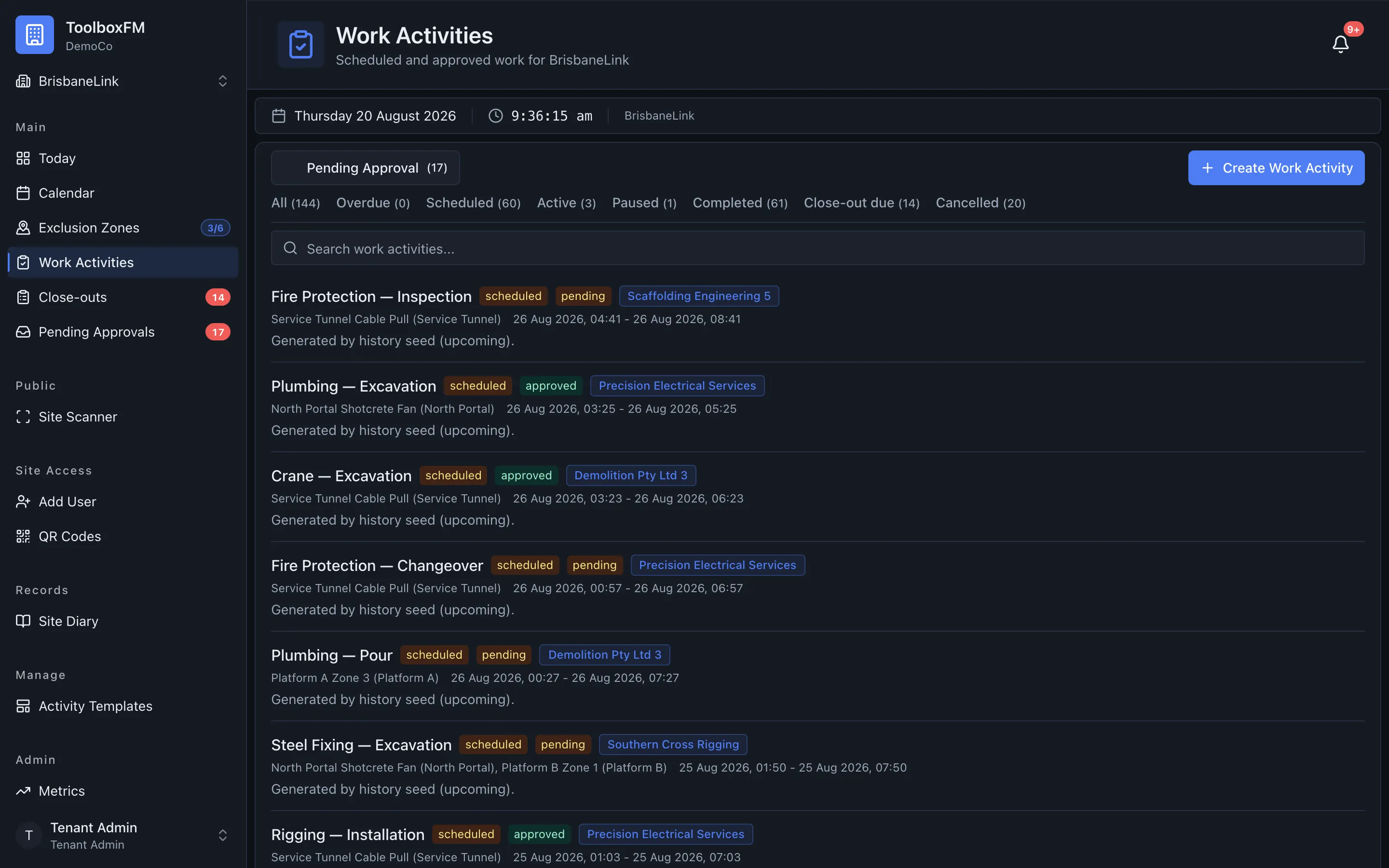The work activities list in ToolboxFM, showing each activity with its zone, window and state