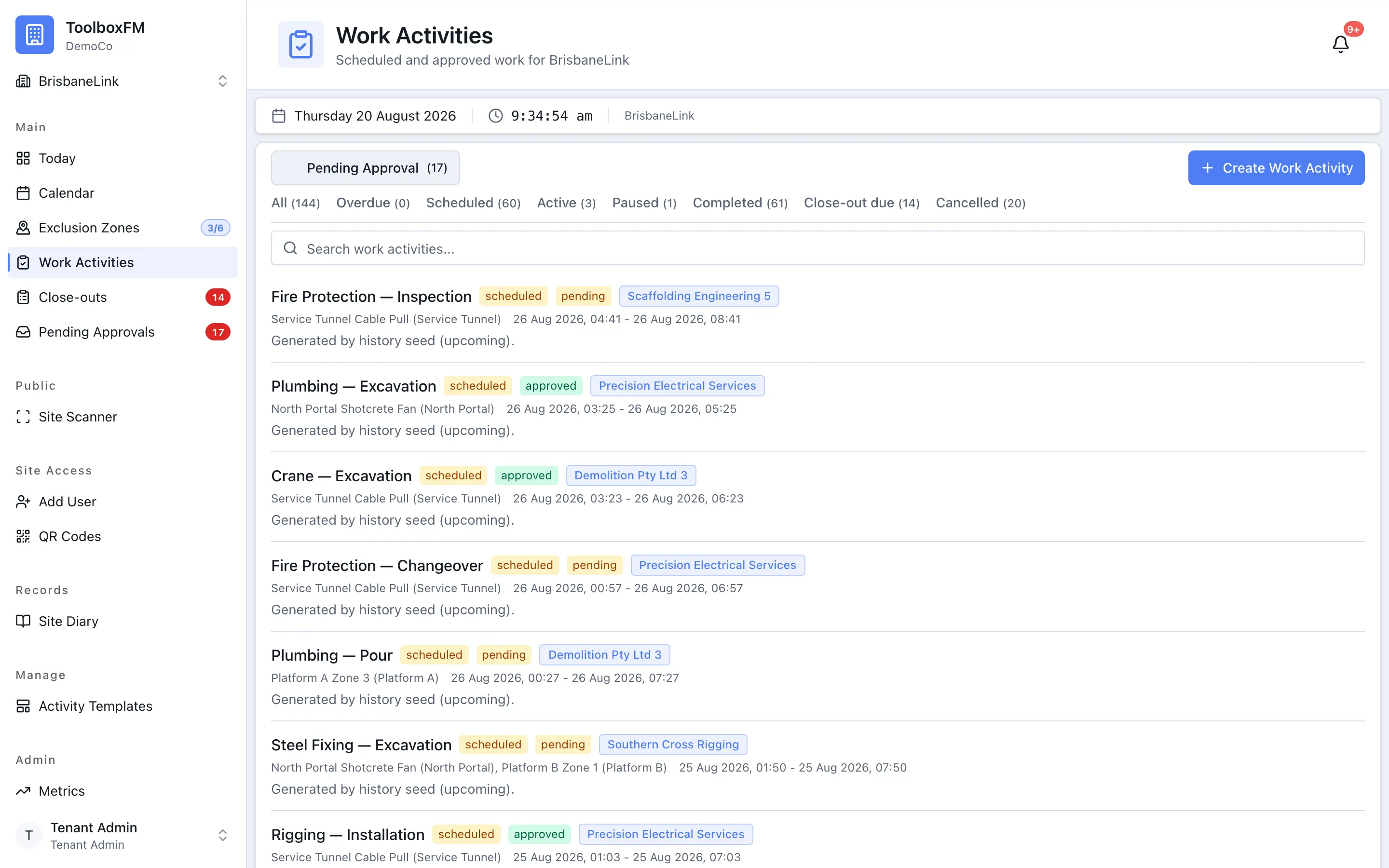 The work activities list in ToolboxFM, showing each activity with its zone, window and state