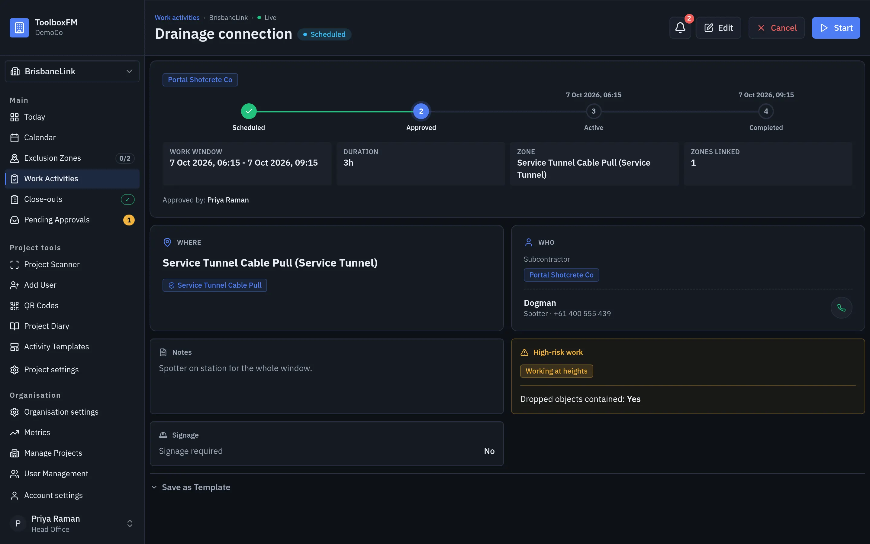 A work activity in ToolboxFM, showing the zone, the time window, the subcontractor, the approval state and its Working at heights high-risk work