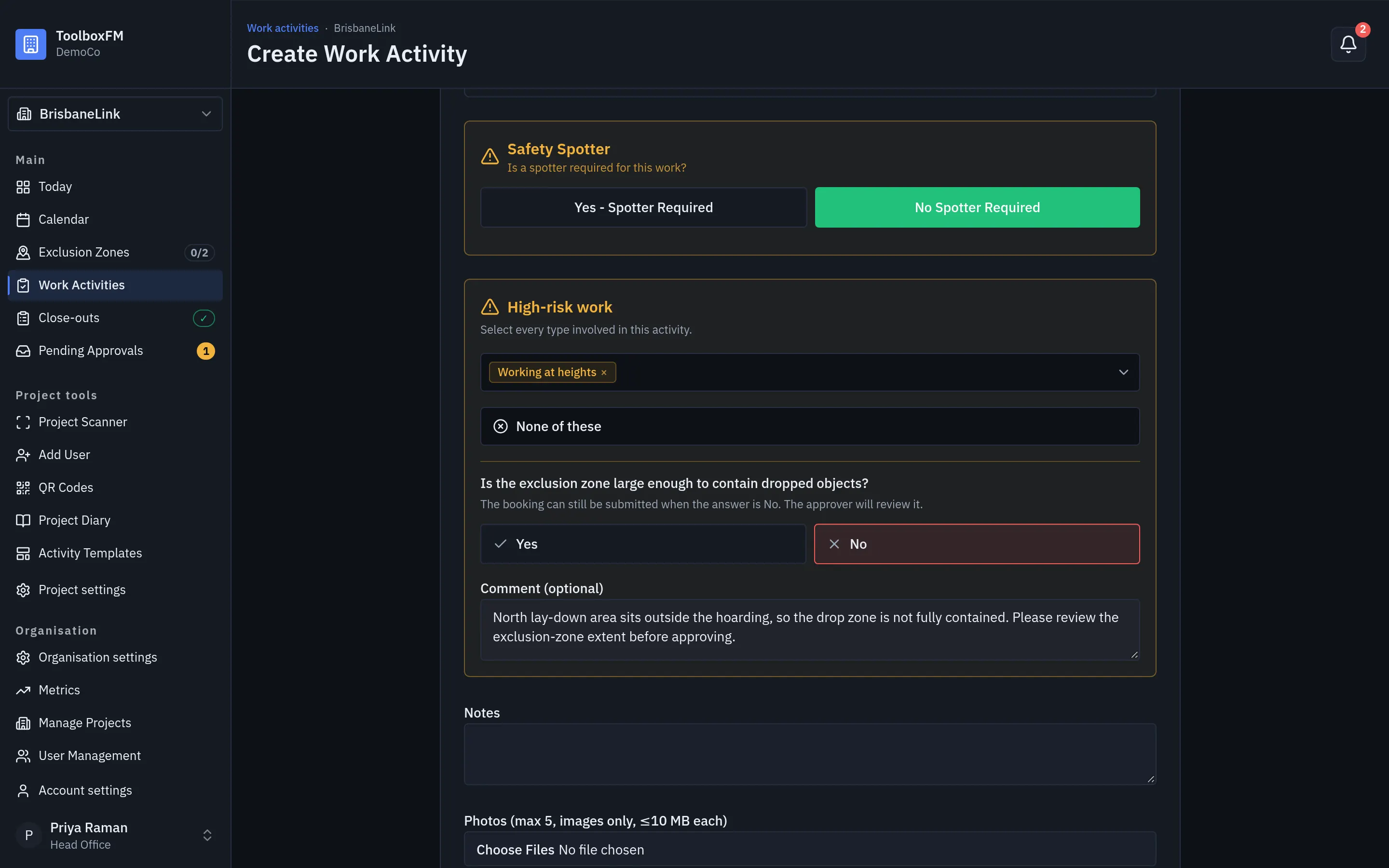 The High-risk work section of the Create Work Activity form in ToolboxFM, with Working at heights selected and the dropped-objects question answered No with a comment