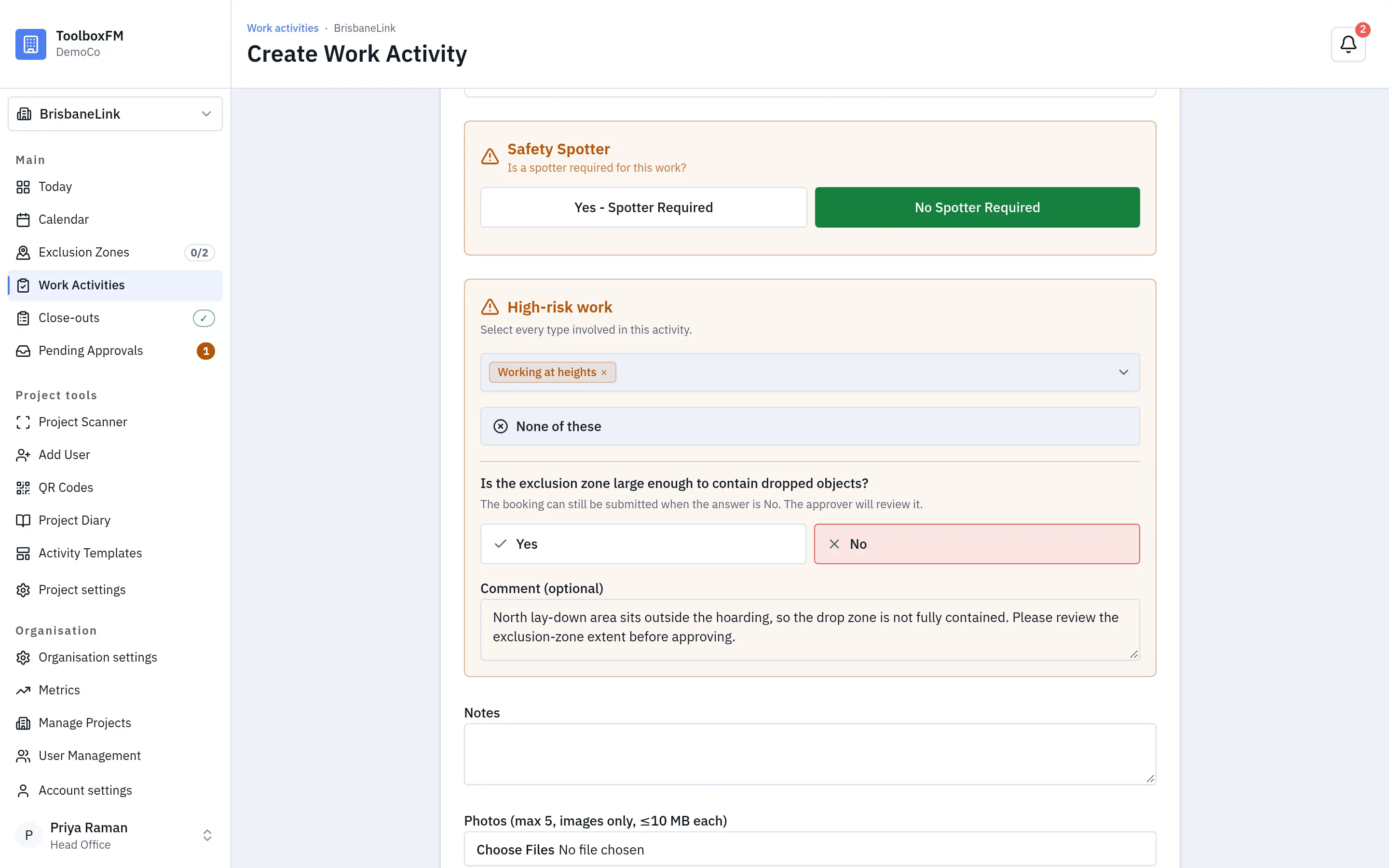 The High-risk work section of the Create Work Activity form in ToolboxFM, with Working at heights selected and the dropped-objects question answered No with a comment